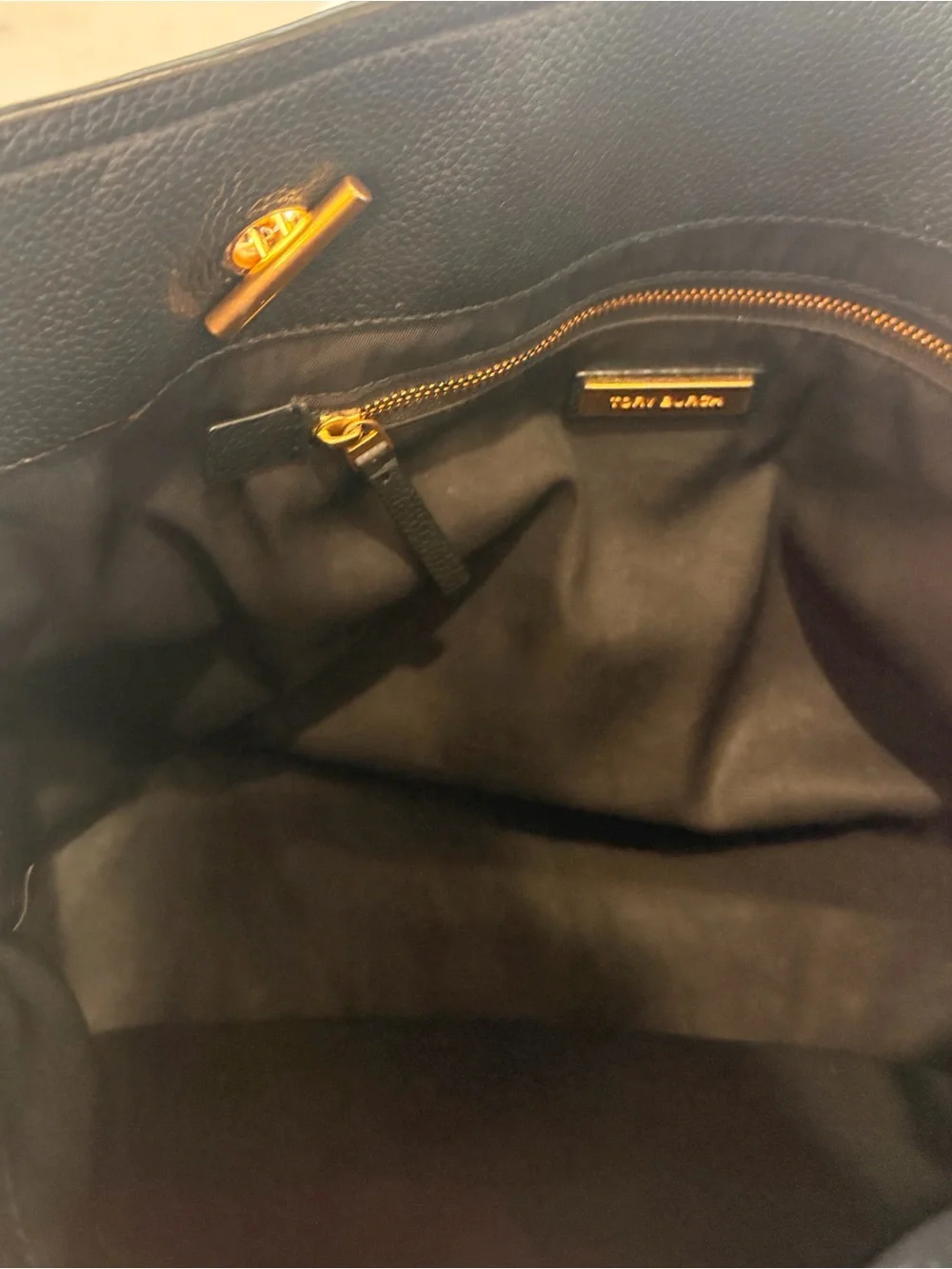 Tory Burch Leather Tote Carson Black Pebbled with Gold Chain Detail
